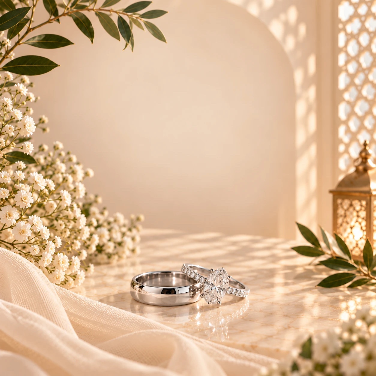 Two wedding rings on a cream marble table beside white flowers and a glowing golden lantern